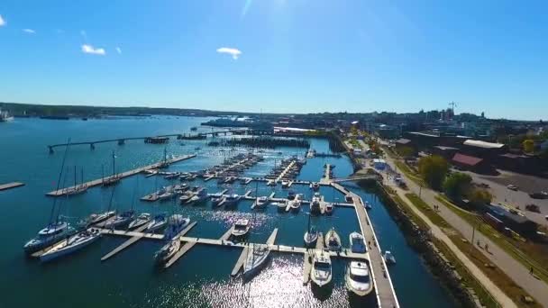 ポートランドのメイン海岸のボートで満たされたポートのオープンビュー全体の航空のビデオ — ストック動画