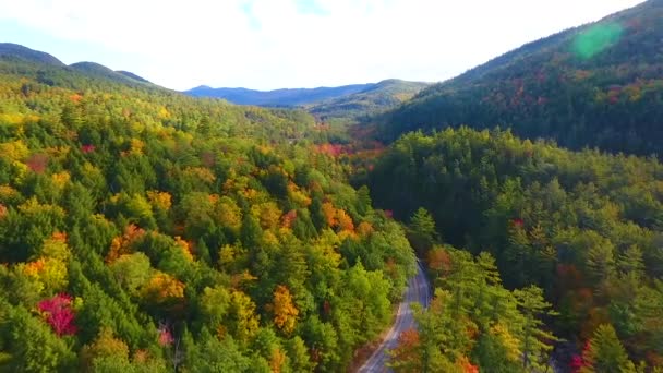 Video Drone Volando Sobre Colinas Montañas Bosques Otoño Con Carretera — Vídeo de stock