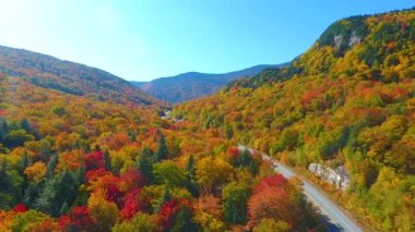 New Hampshire otoyollarının ortasındaki gökyüzü tepesinin renkli ağaçların arasından düşüşünün videosu.