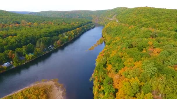 Wideo Powietrza Nad Oszałamiającą Rzeką Delaware Opadającymi Lasami Liściastymi Wokół — Wideo stockowe