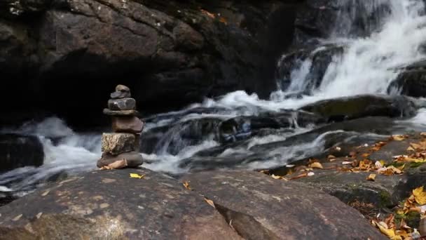 滝の葉を持つカスケード川の端にある岩のキャビンのスタックで固定低ビューのビデオ — ストック動画
