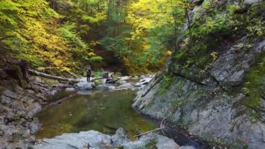 Hava yürüyüşçüsünün nehri geçerken videosu. Kayalar üzerinden, baş döndürücü bir sonbahar geçidi. Yosun ve yapraklarla kaplı.