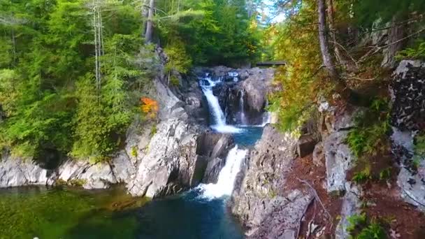 森の中の崖の縁の上から渓谷に注ぐ岩の川の青い滝までの空中のビデオ — ストック動画