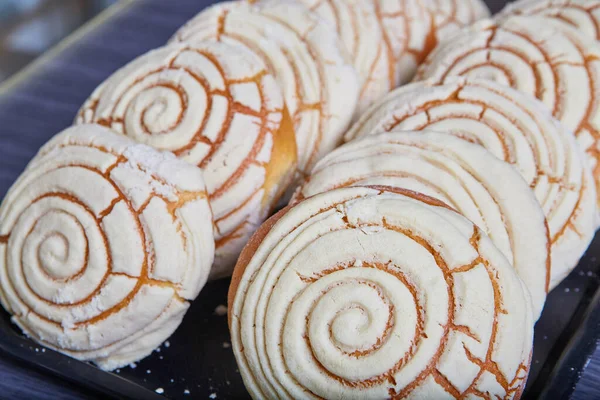 焼き菓子のトレイのイメージバニラホワイトの貝殻メキシコのペストリー甘いパンのコンチャス — ストック写真