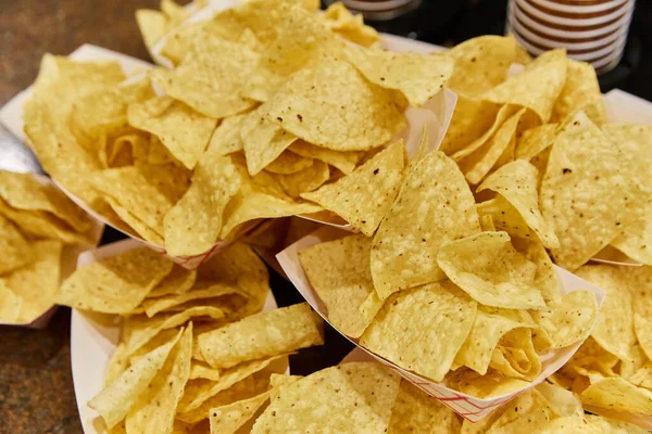 Image Plain Tortilla Chips Mexican Restaurant White Boats Stacked Cups — Stock Photo, Image