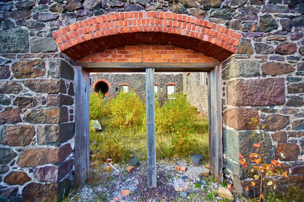 Изображение Заброшенного Здания Дверей Которые Открываются Внутренний Двор Зеленых Растений — стоковое фото