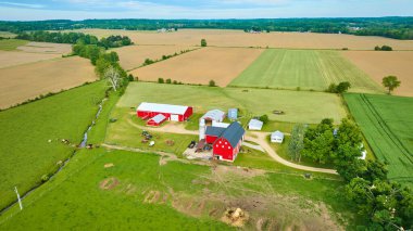 Gökyüzü kırmızı ahır ve kırmızı ahır görüntüsü. Yeşil çayır ve yakındaki çiftlik arazilerinde inekler var.