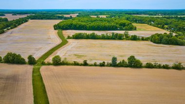 Ekinsiz ve yeşil bir çim nehrinin bir orman arazisine götürdüğü havadan çorak tarım arazisinin resmi.