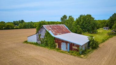 Kuş uçmaz kervan geçmez bir yerde yeşil sarmaşıklı, ahır üzerindeki paslı metal çatı.