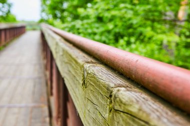 Tahta kaldırım köprüsündeki korkulukların görüntüsü. Havada büyüyen yeşil küf ahşap korkuluklarda aşınmış.