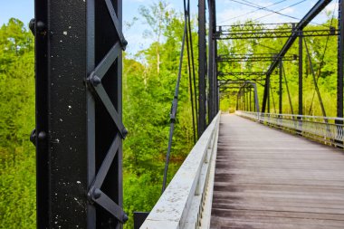 Kara metal kirişler, demir köprü direklerindeki perçinler, ahşap döşemeler, yeşil orman arka planındaki varlık.