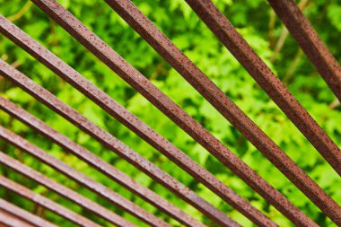 Parlak yeşil akçaağaç yaprağı arka planına sahip paslı kırmızı ve koyu kahverengi ince metal kirişlerin görüntüsü