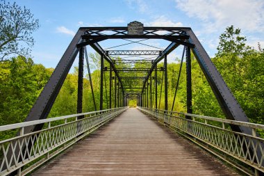 Lush 'un görüntüsü, yeşil orman duvarı büyük koyu metal köprünün arkasında, siyah kirişler, mavi gökyüzü