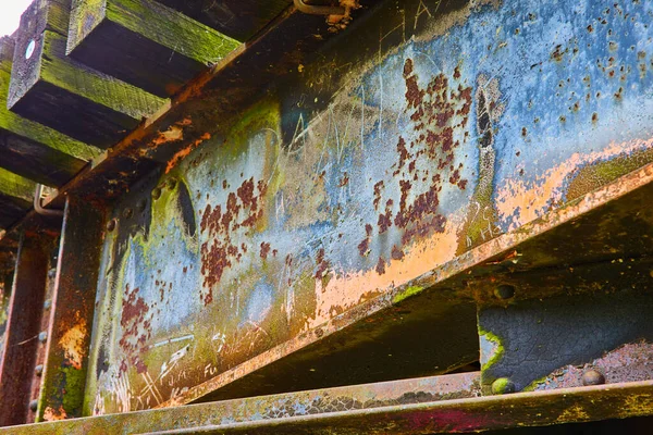 Image Blue Yellow Rust Corrosion Underside Railroad Train Bridge Wood — Stock Photo, Image