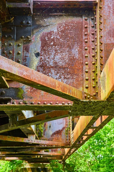 Image Rusty Underside Railroad Bridge Sickly Yellows Corroding Blues Distant — Stock Photo, Image