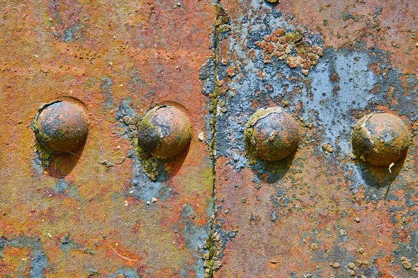 Image Four Rivets Split Crack Rusty Decaying Corroding Iron Metal — Stock Photo, Image