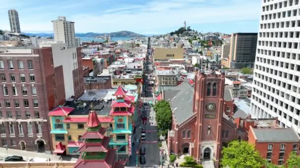 Videó San Francisco Kínai Negyedről Kalifornia Antenna Coit Tower Alcatraz — Stock videók
