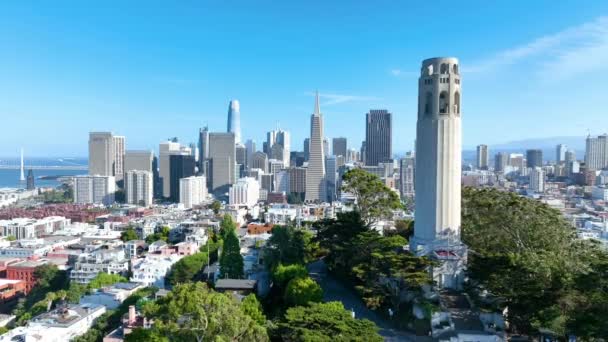 ドリーが遠くのサンフランシスコの高層ビルに向かってコイトタワーを過ぎて撮影したビデオ — ストック動画