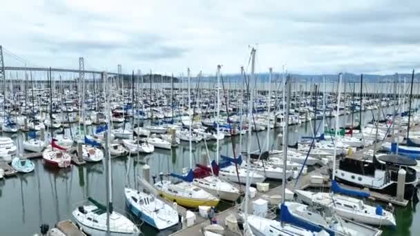 Відео Повітряної Дуги Знято Човнів South Beach Pier Хмарочосів Сан — стокове відео