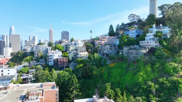 テレグラフヒルのブームアップのビデオ 遠隔空中サンフランシスコの都市とコイトタワーに — ストック動画