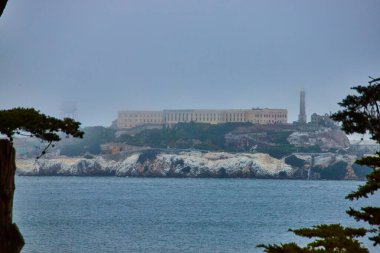 Alcatraz Adaları deniz fenerindeki ağaçlar çerçevede belirsizken zar zor görülebilen ışık görüntüsü