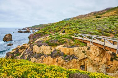 Uçurum duvarları ve okyanus kıyıları üzerinde köprü ile park yolu boyunca yürüyen insanların görüntüsü