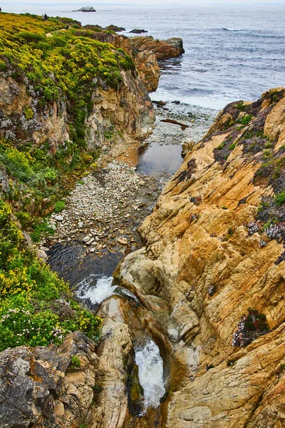 Bild Von Zwei Wasserfällen Die Zwischen Felsen Mit Gelben Wildblumen — Stockfoto