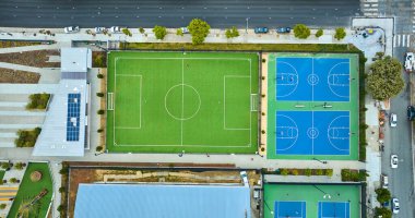 Image of Downward aerial over Margaret S Hayward Soccer Field with Margaret S Hayward Basketball Courts clipart