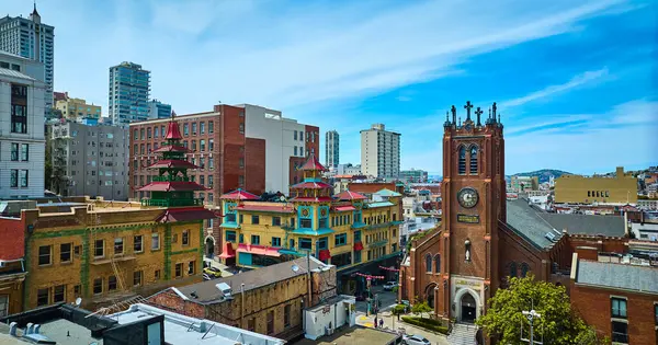 Image Aerial Colorful Chinatown Buildings Church Blue Sky Day Partial — Stock Photo, Image