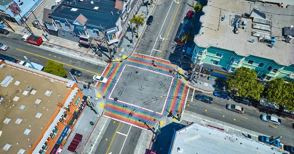 Imagen Aerial Rainbow Crosswalks Castro District Vista Hacia Abajo Día — Foto de Stock