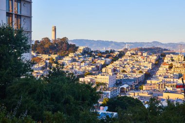 Altın saatin görüntüsü Coit Kulesi ve San Francisco şehrinde yumuşak altın parıltısıyla