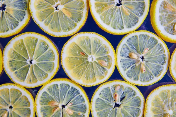 Image See Lemon Slices Seeds Navy Blue Background — Stock Photo, Image