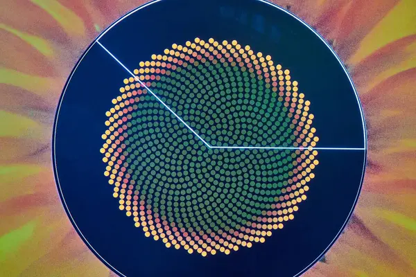 Image of Abstract dot art with green dots in center fading to yellow and blue ring with cross section