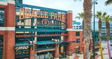 Image of Aerial Oracle Park Willie Mays Gate ballpark entrance with palm trees and sign clipart