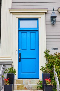 Mavi kapının, içinde bitkiler ve pembe çiçeklerle dolu siyah kare kaplar olan merdivenli hali.