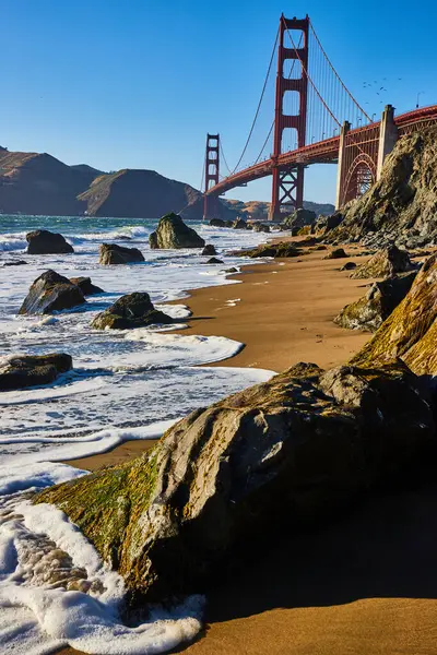 Sahilden Golden Gate Köprüsüne kadar dalgalı ve deniz köpüklü yosunlu kayaların görüntüsü