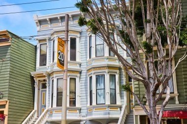 Körfez pencerelerinin etrafında altın sarısı süslemeli, çınar ağacı olan beyaz bir ev.