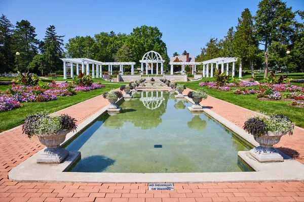 stock image Image of No swimming or wading in pools at Lakeside Park with gorgeous flowers and white trellises