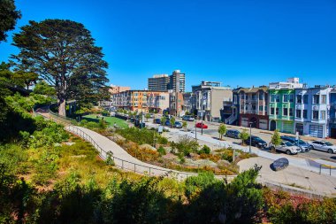 Kaliforniya 'da mavi gökyüzü olan yerleşim yeri caddesi boyunca park etmiş arabalarla tepe yamacını saran bir park görüntüsü.