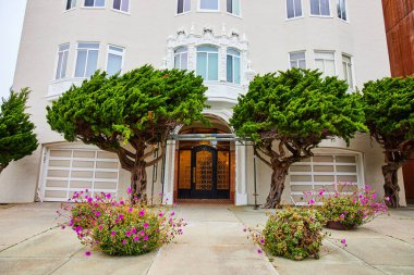 Siyah kapı çerçevesinde altın cam pencereli çınar ağaçları tarafından çerçevelenmiş uzun beyaz binanın görüntüsü