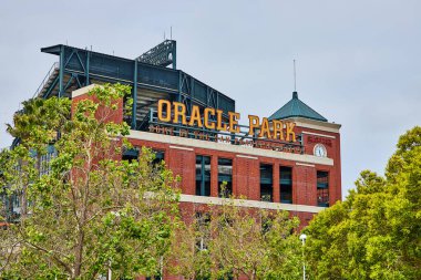 Oracle Park 'ın San Francisco' daki evi. Devler saat ve ağaç tepeli bir tabela asmışlar.