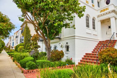 Eşsiz dekore edilmiş beyaz evlerin önünde sıkıca sıkılaştırılmış peyzaj