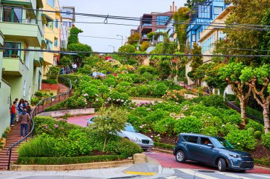 Arabalar ikonik tepenin aşağısından çıkarken insanların Lombard Caddesi 'ndeki merdivenlerden aşağı inerken görüntüsü