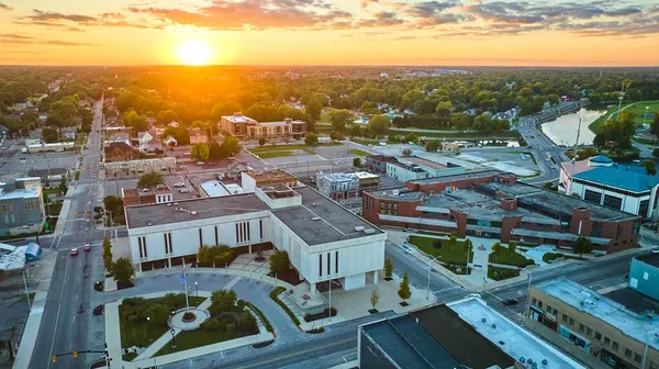 stock image Image of Muncie courthouse building in downtown aerial of city with golden sun setting on horizon