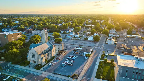 Image Church Midwest Town Sunset Golden Glow Neighborhood Muncie Aerial — Stock Photo, Image