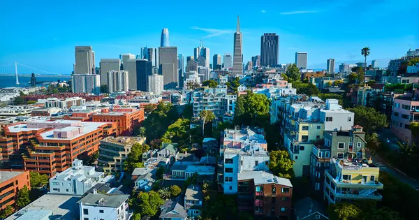 San Francisco 'daki apartmanların görüntüleri şehir merkezindeki gökdelenlere çıkıyor. Binalara güneş ışığı yansıyor.