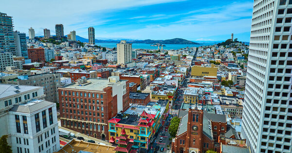 Image of Dim Sum Corner Chinatown aerial with Alcatraz island and Coit Tower, CA