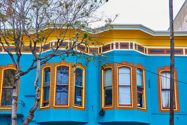 Image of Blue house with orange bay windows with artistic styled paint on trim