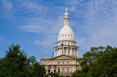 Lansing, Michigan 'daki büyük neoklasik devlet başkenti binası simetrik mimarisini, dekorasyonlarını ve kubbesinin önde gelen kubbesini sergiliyor. Amerikan bayrağı gururla dalgalanır