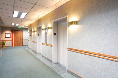 Modern ofis koridoru, şık asansör kapıları, süit girişi ve davetkar dekorasyonu. Profesyonel ortamları ve kurumsal ortamları resmetmek için mükemmel.